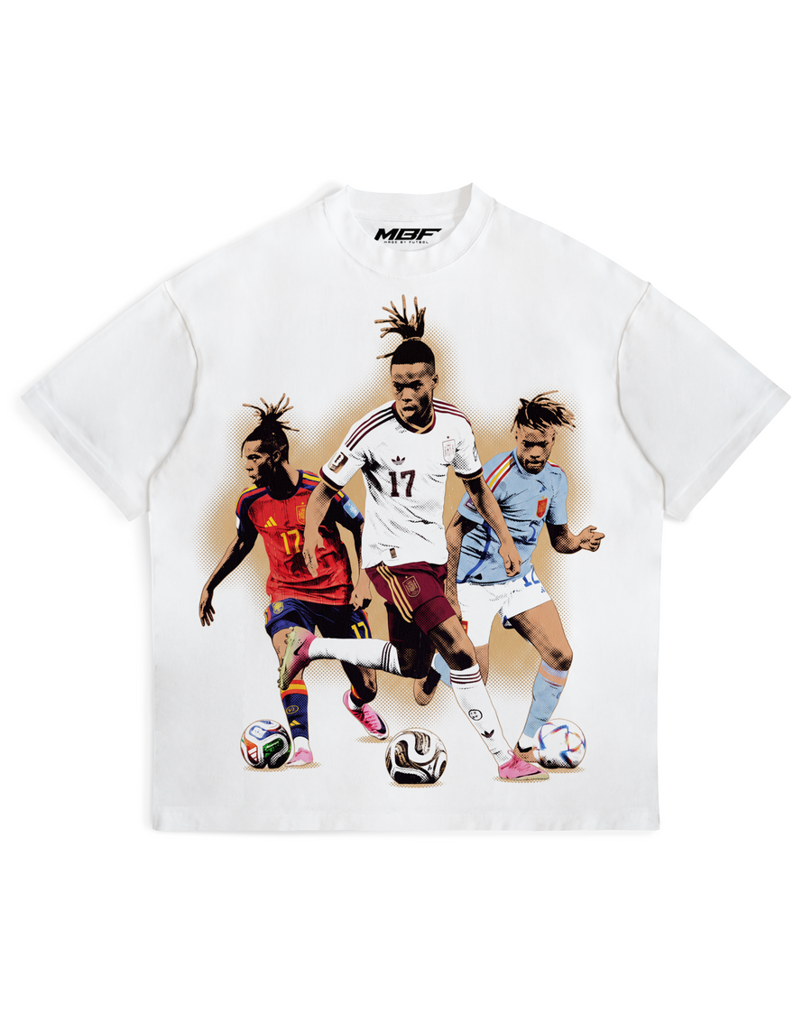 Front of white Nico Williams graphic T-shirt by MADEBYFUTBOL